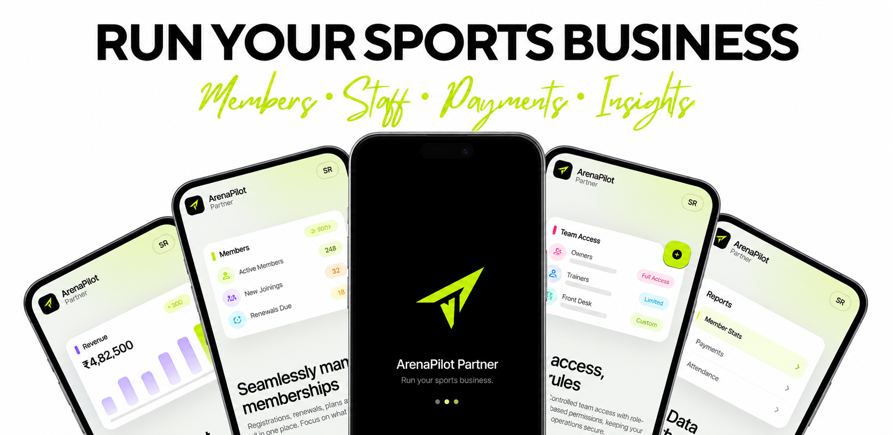 ArenaPilot Partner app preview: revenue dashboard, member list, onboarding, team access and outlets